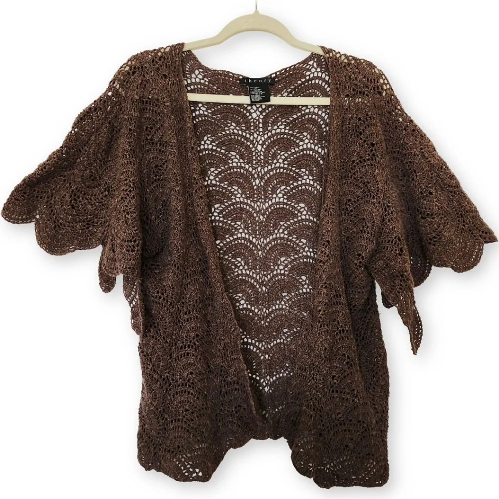 Theory Brown Linen Blend Crochet Open Knit Cardigan XS